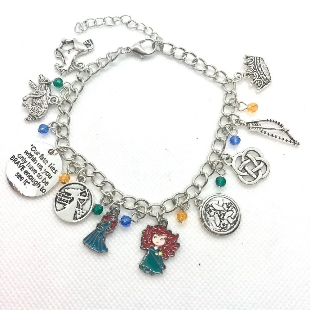 Brave Inspired Charm Bracelet Merida Celtic Knot Bear Bow Crown Silver Tone